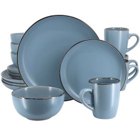 Gibson Home Rockaway 16 Piece Stoneware Metallic Rim Dinnerware Set in Matte Blue