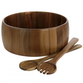 Gibson Elite 3 Piece Acacia Wood Salad Bowl and Spoon Set in Brown