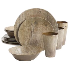 Gibson Elite Woodlands 16 Piece Melamine Wood Grain Decal Dinnerware Set