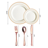 JL Prime 125 Piece Rose Gold Plastic Plates & Cutlery Set, Re-usable Recyclable Plastic Plates with Rose Gold Rim & Silverware, 25 Dinner Plates, 25 S